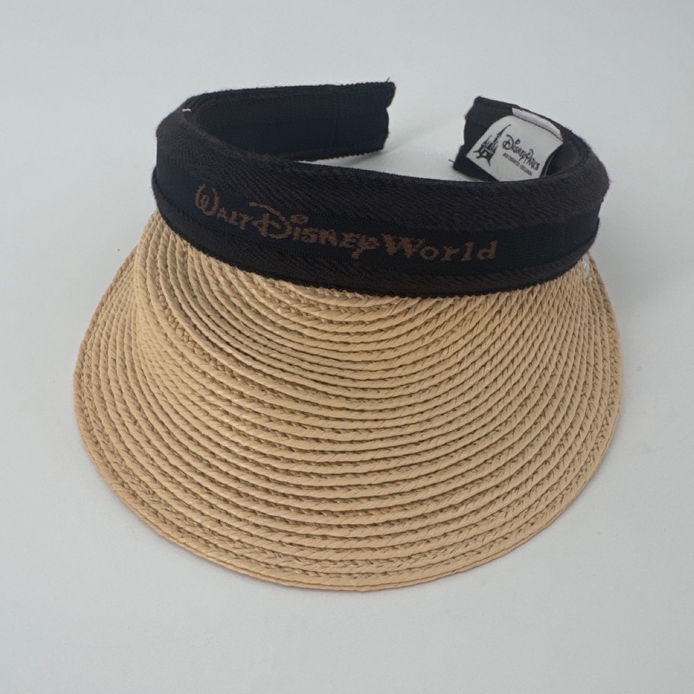 Disney Parks Walt Disney World Women Straw Sun Visor Black Tan Woven Hat